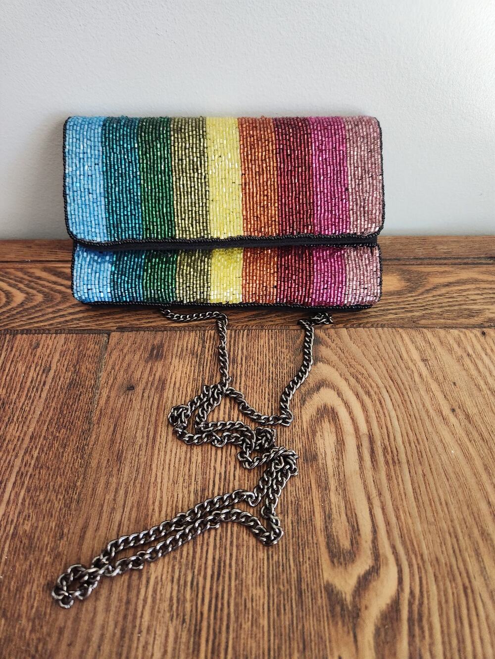 Rainbow Envelope Clutch Multi Striped  Beaded Handbag